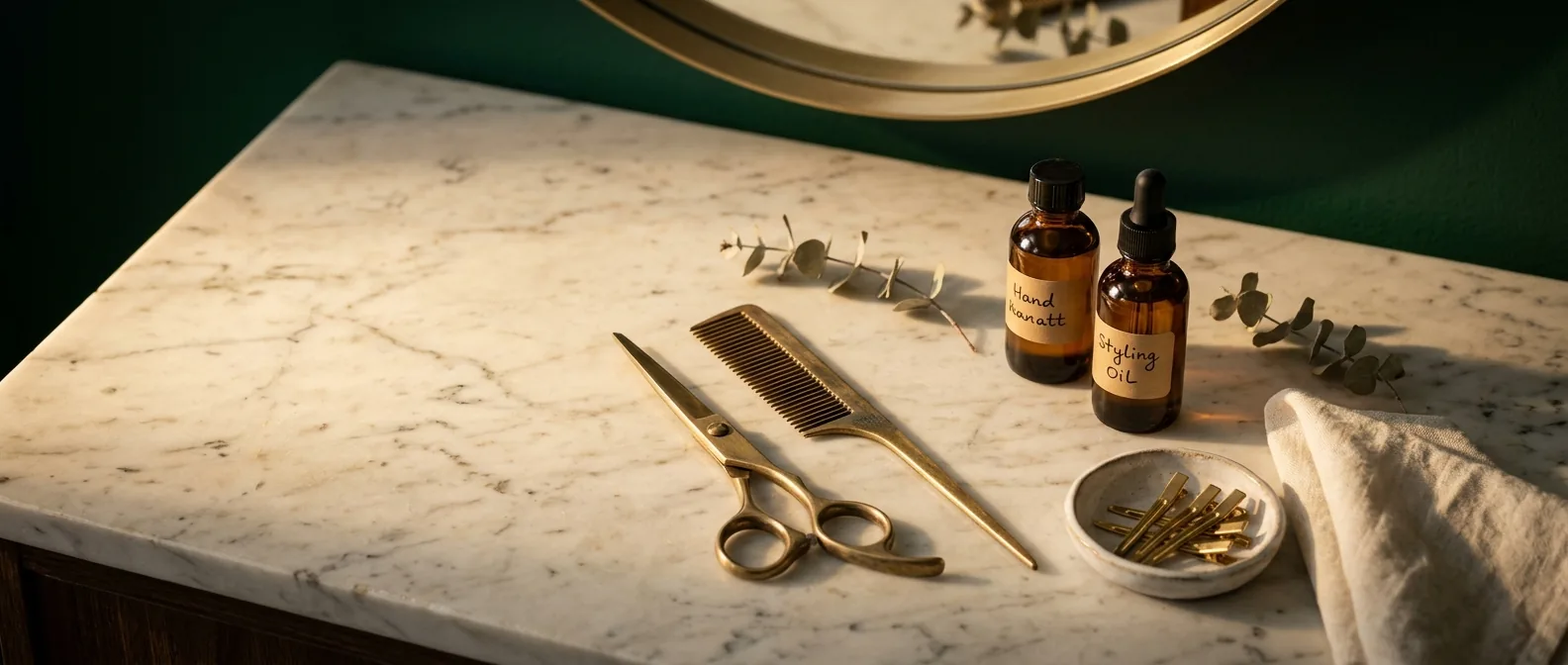 Brass styling tools on cream marble counter at Lumen Atelier